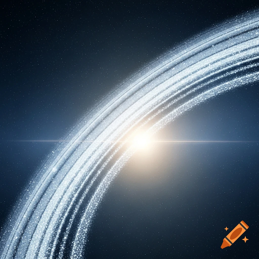 A luminous, arcing ring of sparkling particles radiates from a bright star-like center against a dark, starry cosmic background.