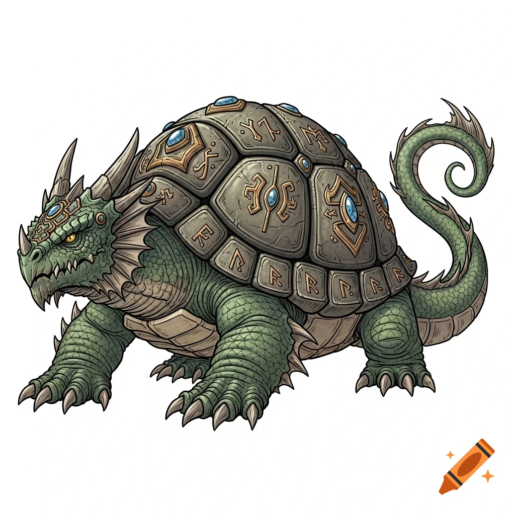 A detailed, green dragon turtle with a segmented, runic shell and sharp claws, in a D&D style on a white background.