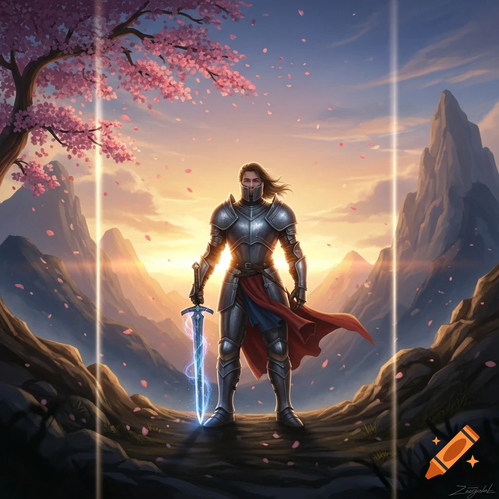 A knight in shining armor stands with a glowing sword in a mountain valley at sunset with falling cherry blossoms.