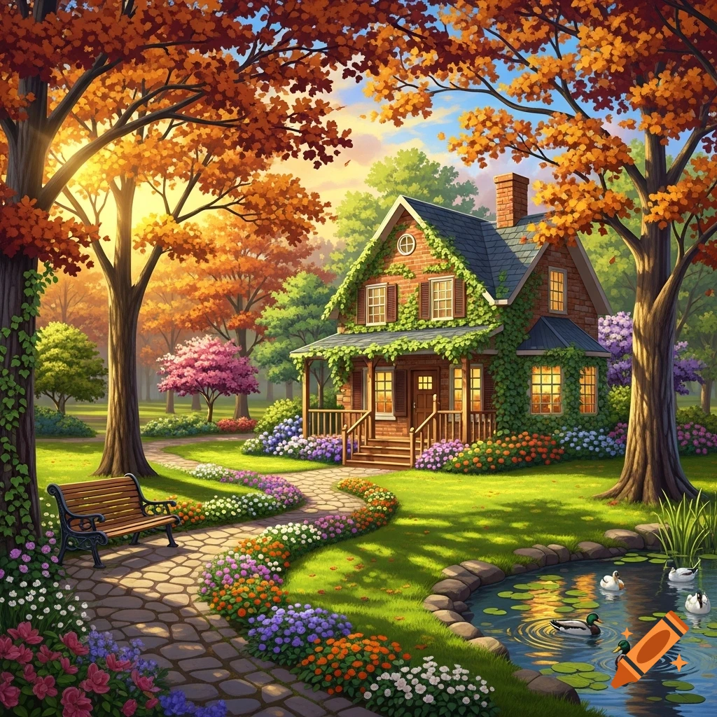 A vibrant cottage with ivy, surrounded by colorful autumn trees, a flower-lined stone path, a park bench, and ducks in a pond.