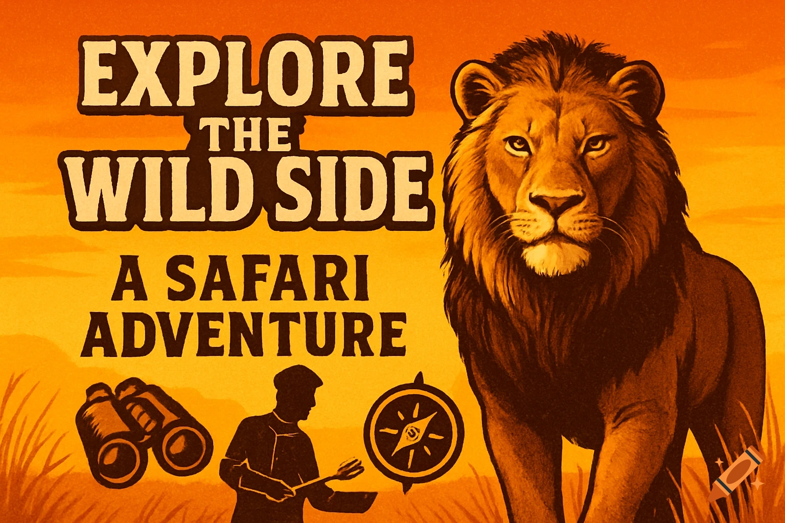 Vintage-style poster with a majestic lion, an explorer, binoculars, and a compass, promoting a safari adventure.