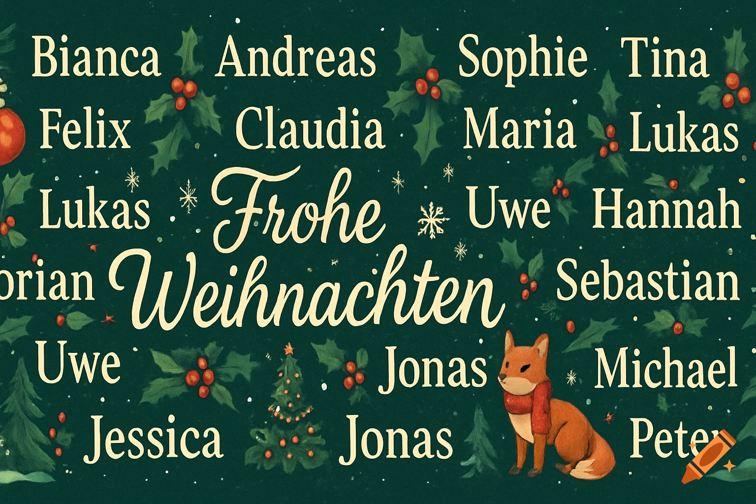 Christmas-themed banner with 'Frohe Weihnachten' and various names like Bianca, Andreas, Sophie, Tina, Felix, Maria, Lukas, Uwe, Hannah, Sebastian, Jessica, Jonas, Michael, Peter, adorned with holly, snowflakes, small Christmas trees, and a fox wearing a scarf on a dark green background.