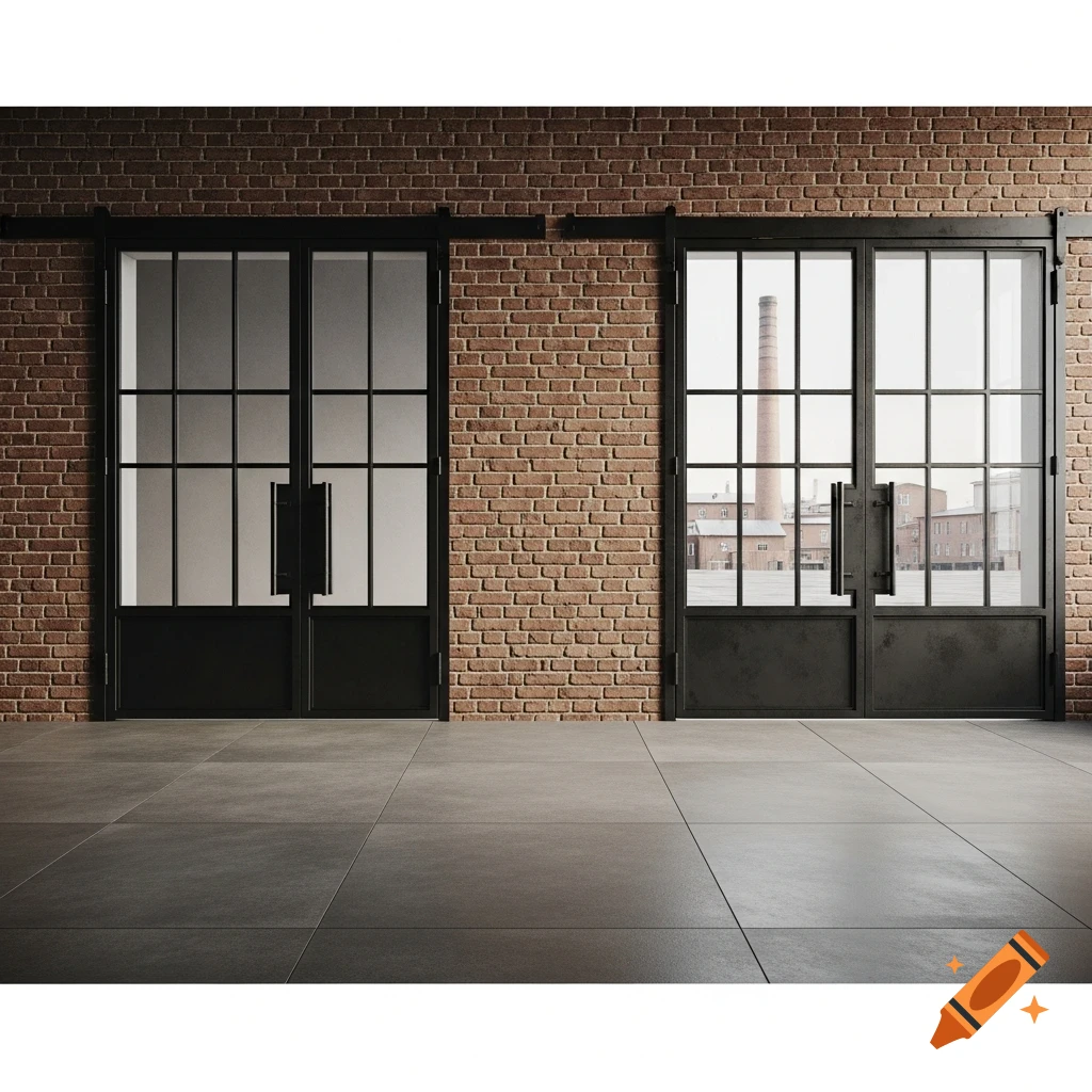 Two black industrial doors in a brick wall with a grey tiled floor, a factory chimney visible through the right door, photorealistic.