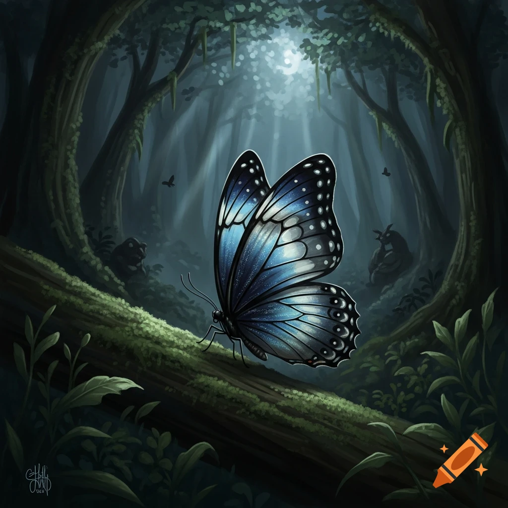 A glowing blue butterfly sits on a moss-covered log in a dark, ethereal forest with light rays filtering through trees and shadowy figures in the background.