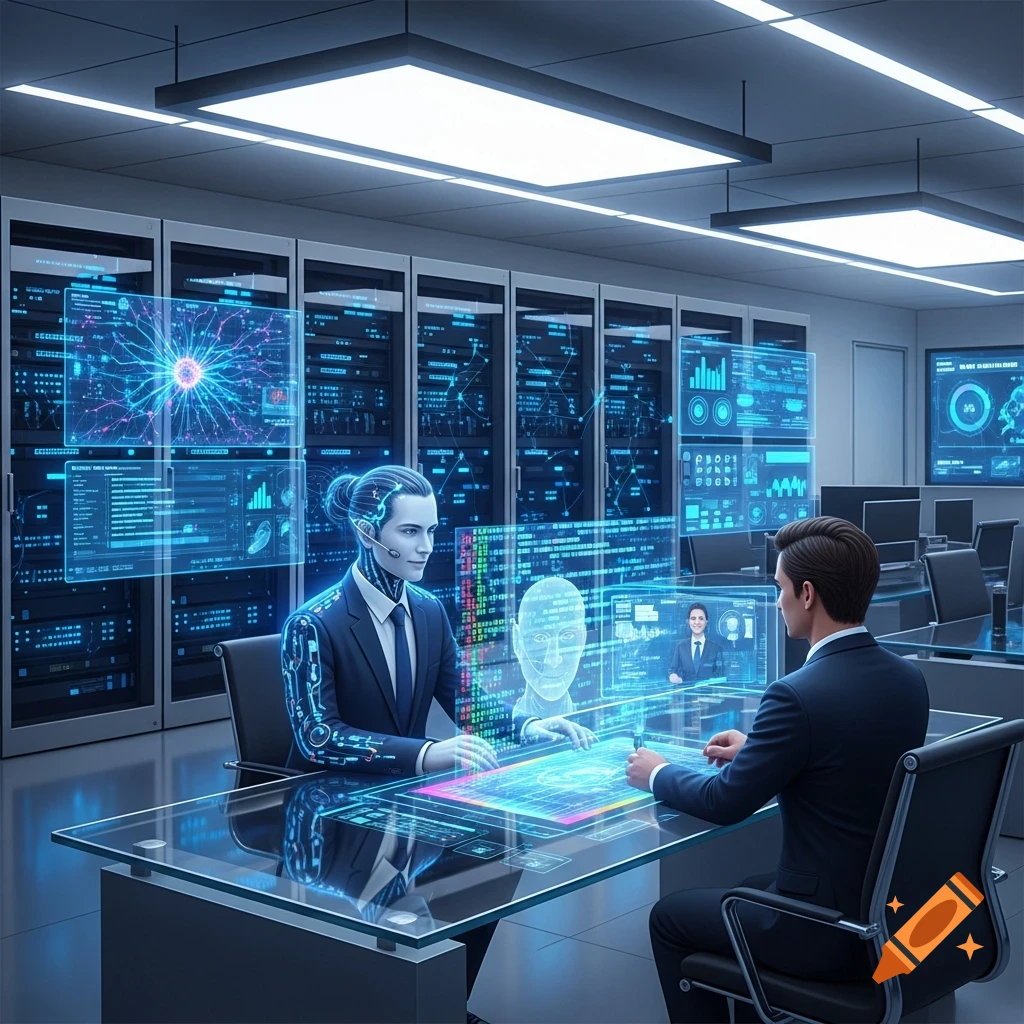 A man in a suit interacts with a holographic AI assistant in a futuristic data center, surrounded by glowing data displays.