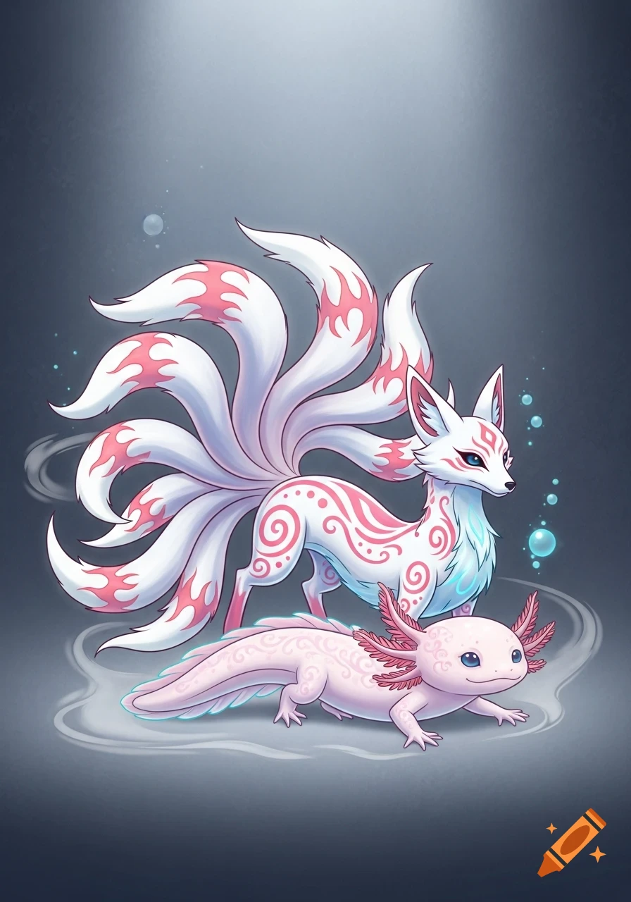 A cute white nine-tailed Kitsune with pink tribal markings stands beside a pink Axolotl in an anime illustration style.