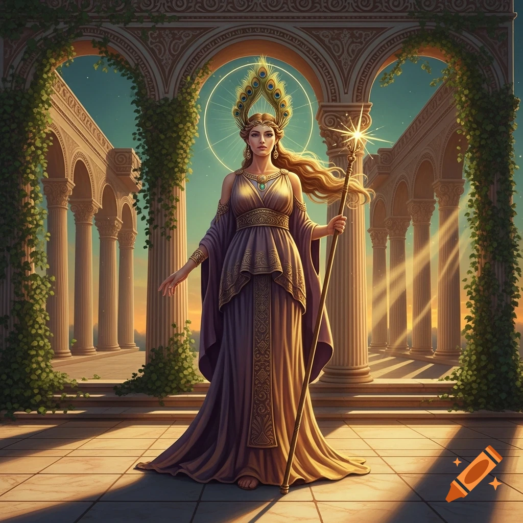 A goddess in a purple and gold gown, peacock crown, and staff stands in ancient ruins at sunset.