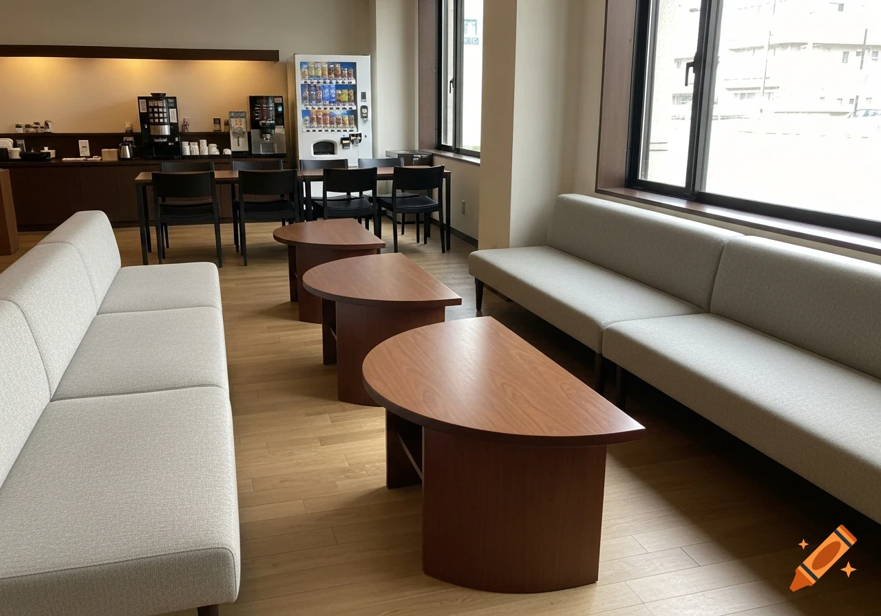 A modern, well-lit lounge area with light gray sofas, semicircular wooden tables, coffee machines, and a vending machine by large windows.