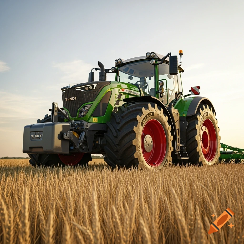 A green Fendt Vario 942 tractor with red wheel hubs sits in a golden wheat field under a clear sky.