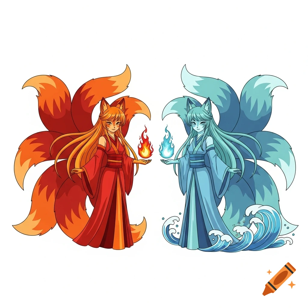 Two anime fox girls, one orange with fire, the other light blue with water, stand side by side in an anime art style.