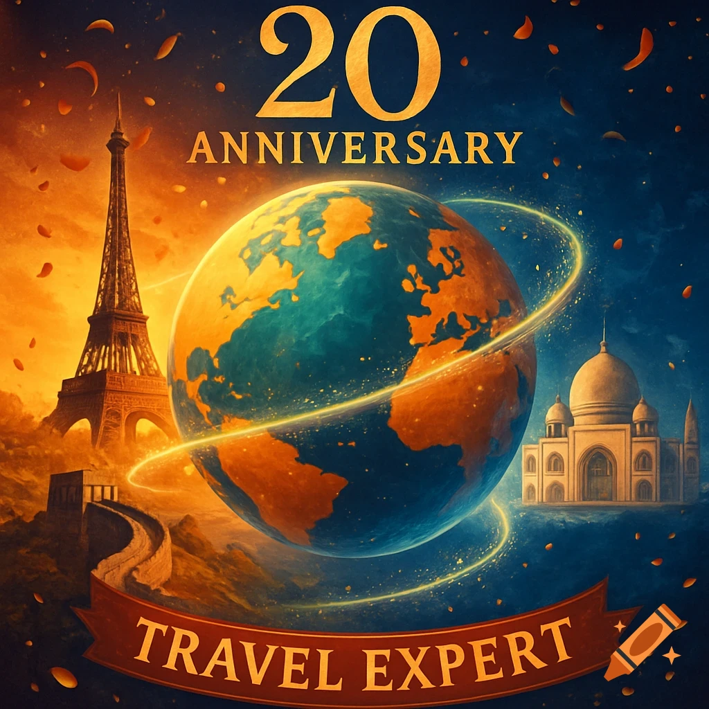 Vibrant illustration of a globe with a golden ring, flanked by the Eiffel Tower and Taj Mahal, with '20 ANNIVERSARY TRAVEL EXPERT' text.