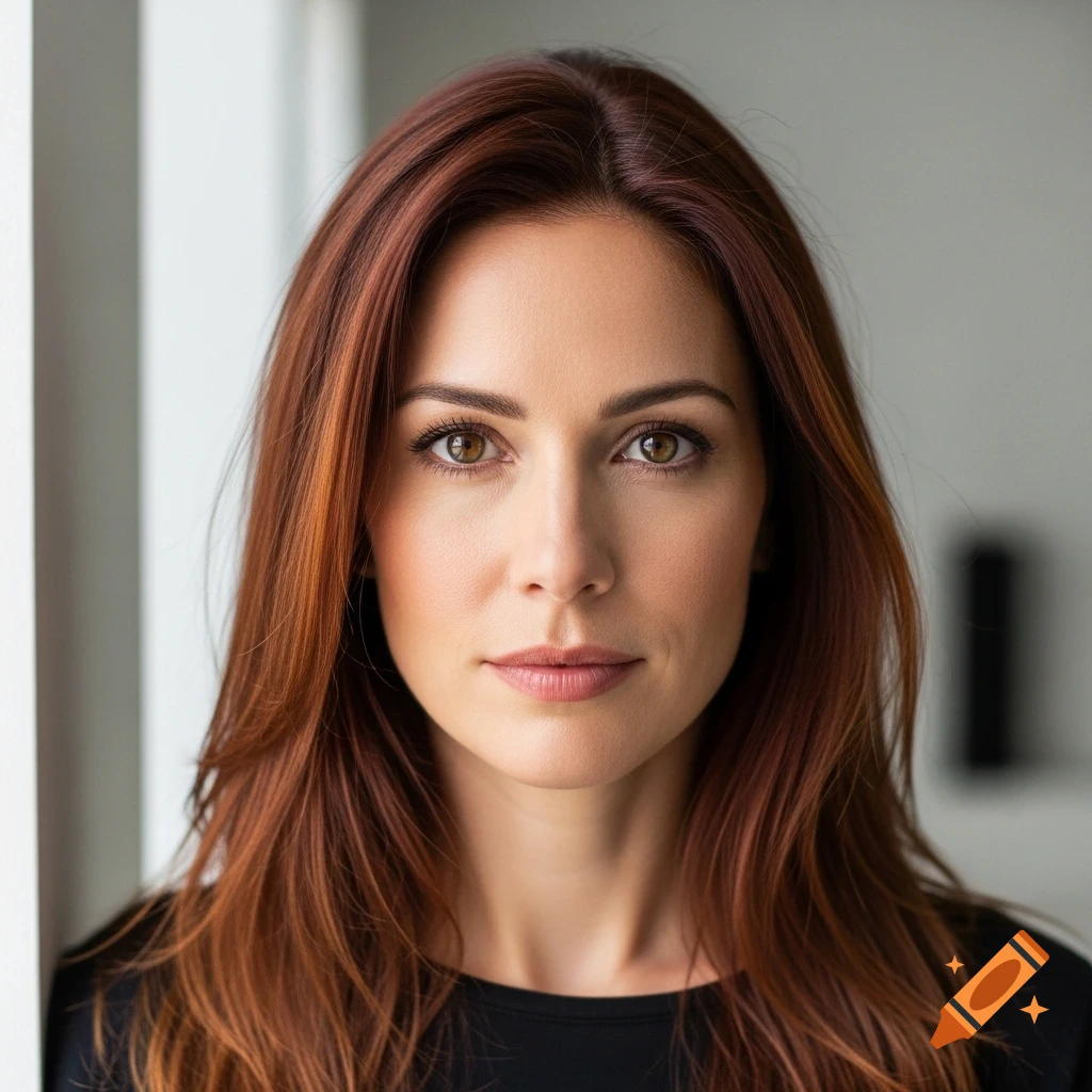 Close-up photorealistic portrait of a woman with reddish-brown hair and hazel eyes, looking forward with a neutral expression.