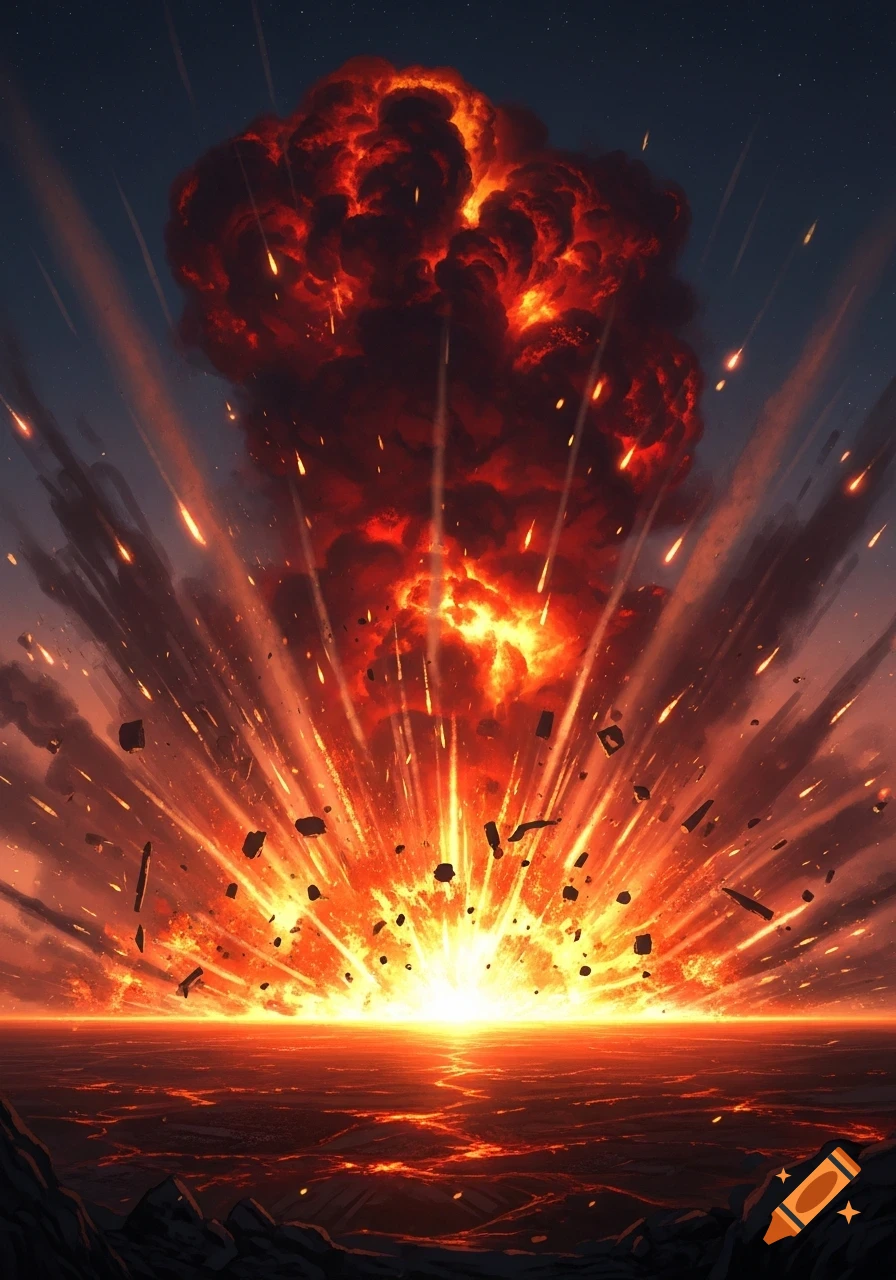 Massive fiery explosion with smoke and debris rising from a molten landscape under a dark, star-filled sky.