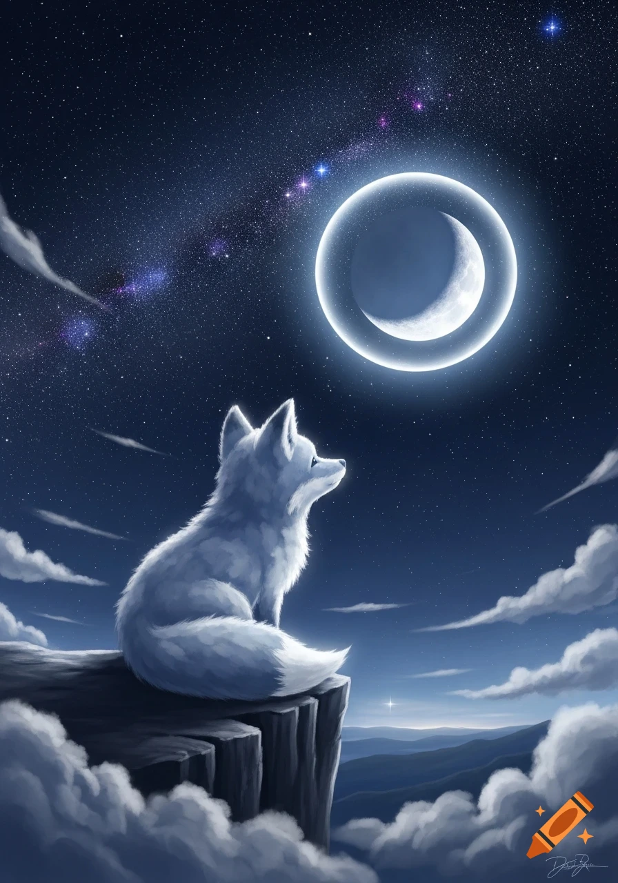 A white, fluffy fox sits on a cliff, looking up at a radiant crescent moon and a vivid starry night sky with milky way.