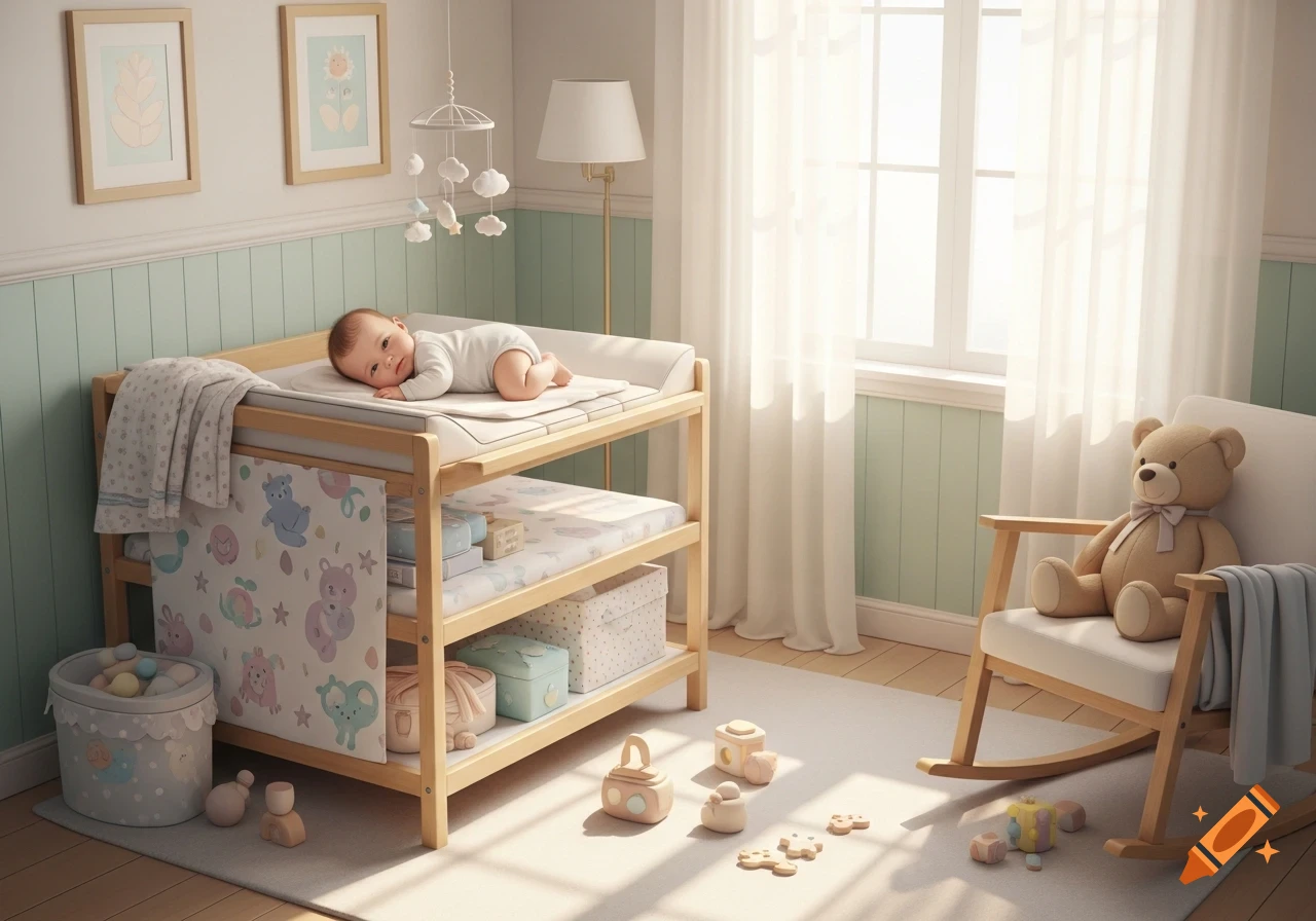 A baby lies on a changing table in a brightly lit nursery room with a teddy bear, rocking chair, and various toys.