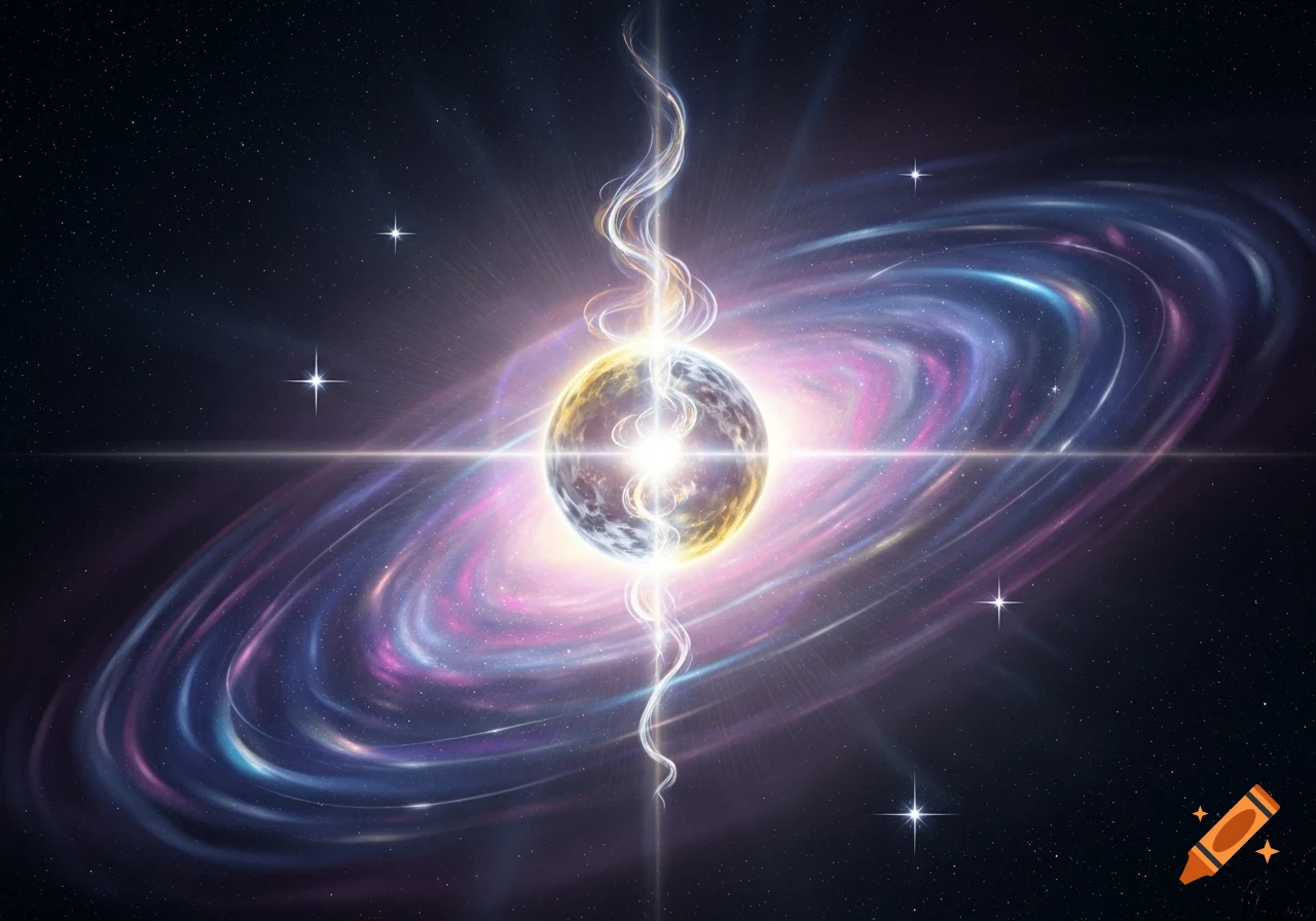 A vibrant cosmic scene with a bright, glowing celestial body at its center, surrounded by a swirling purple and blue galaxy, with light streaking vertically and horizontally across the dark starfield.