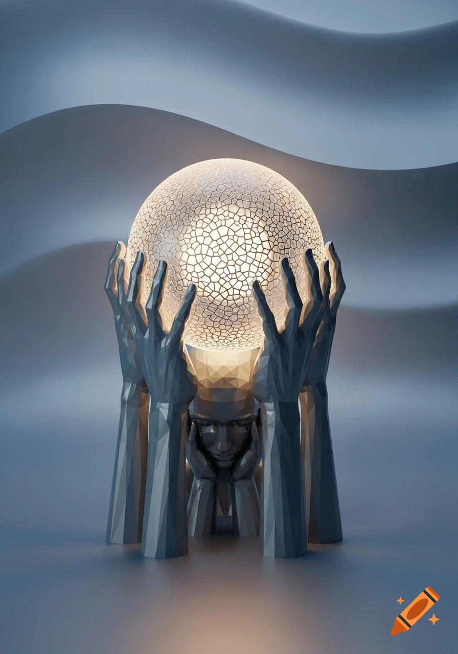 Low-poly sculpture of grey hands holding a glowing, crackled sphere over a bowed, weeping geometric head against a wavy background.