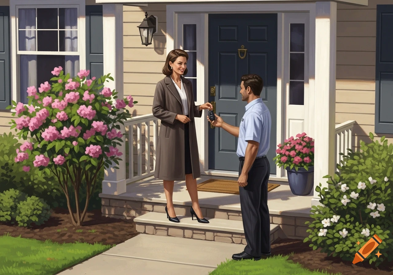 An illustration of a woman in a brown coat giving car keys to a service man in a blue polo shirt at the front door of her house.