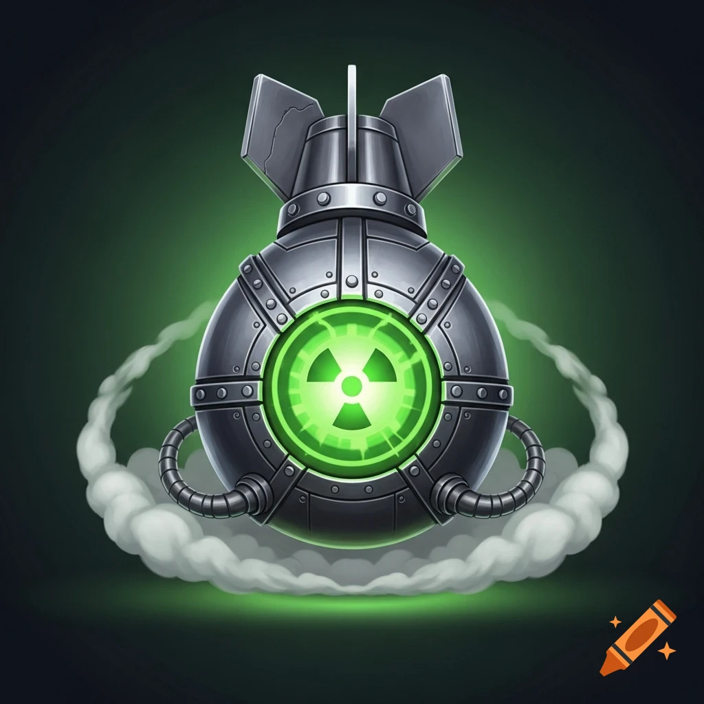 A stylized grey nuclear bomb with a glowing green radioactive symbol in the center, emitting white smoke at the bottom.