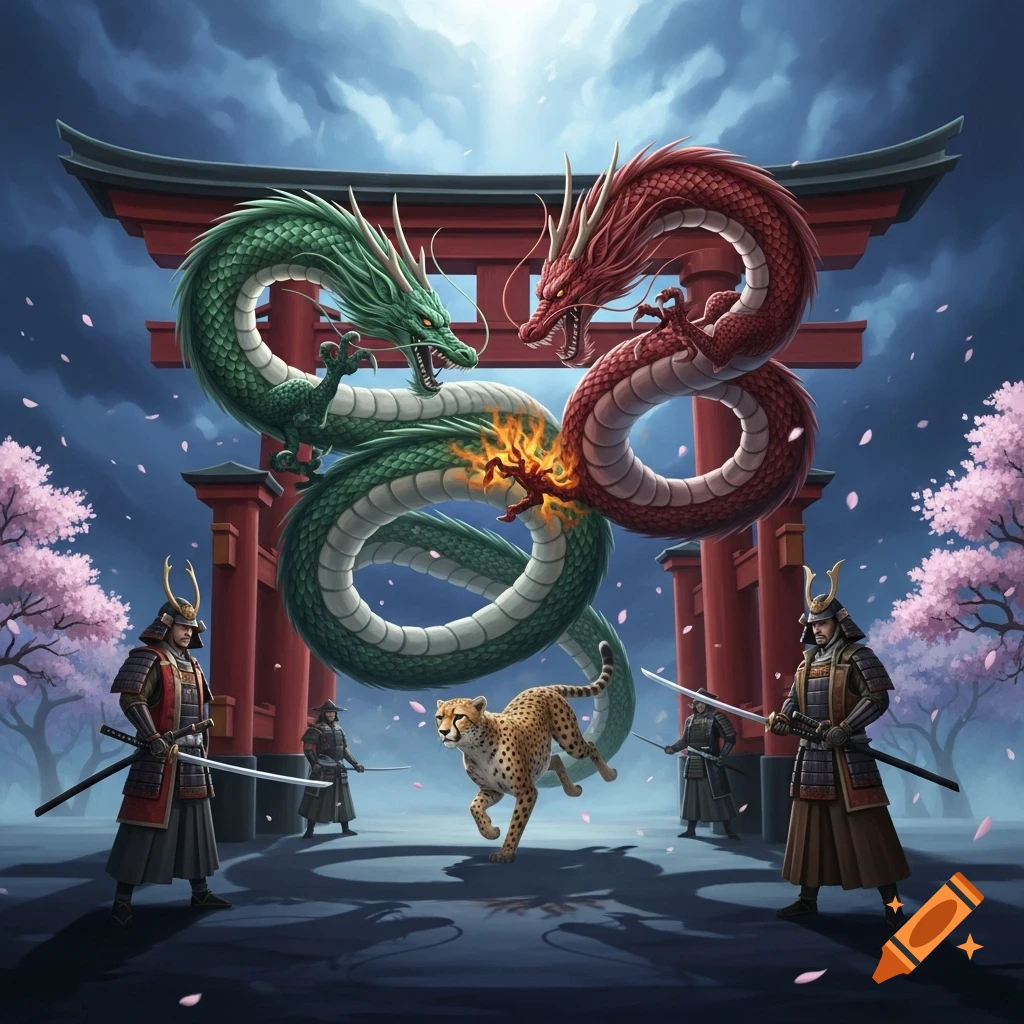 Two colorful Japanese dragons, green and red, fight amidst fire, watched by samurai and a cheetah near a red torii gate under a dramatic sky with cherry blossoms.