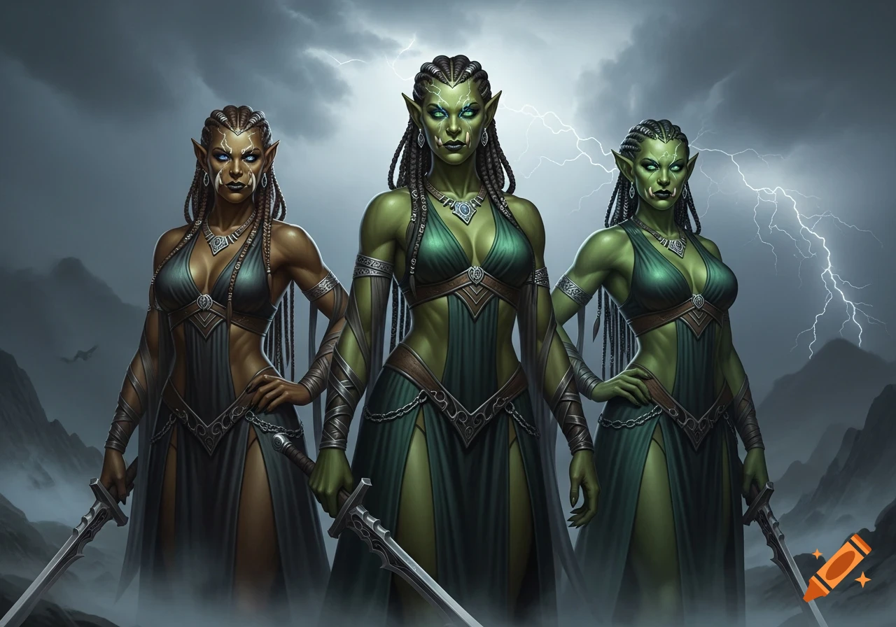 Three formidable orc women with braided hair, sharp features, and green skin, holding swords under a stormy, lightning-filled sky.