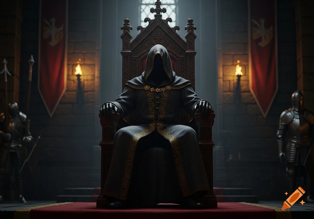A mysterious hooded figure in a dark robe sits on an ornate wooden throne in a dimly lit castle hall.