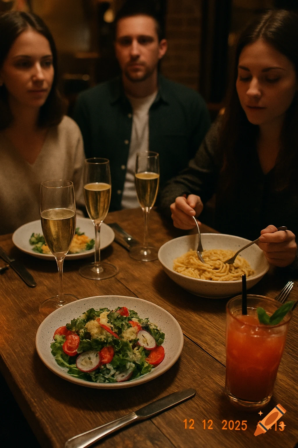 Three people at a restaurant table with food and drinks, captured in a warm, low-light photorealistic style like a phone photo.