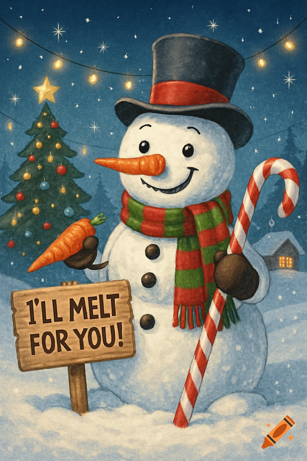 Cheerful snowman in a top hat and scarf holds a carrot and candy cane next to a sign reading "I'LL MELT FOR YOU!". A decorated Christmas tree and string lights are in the background, in an illustrated style.