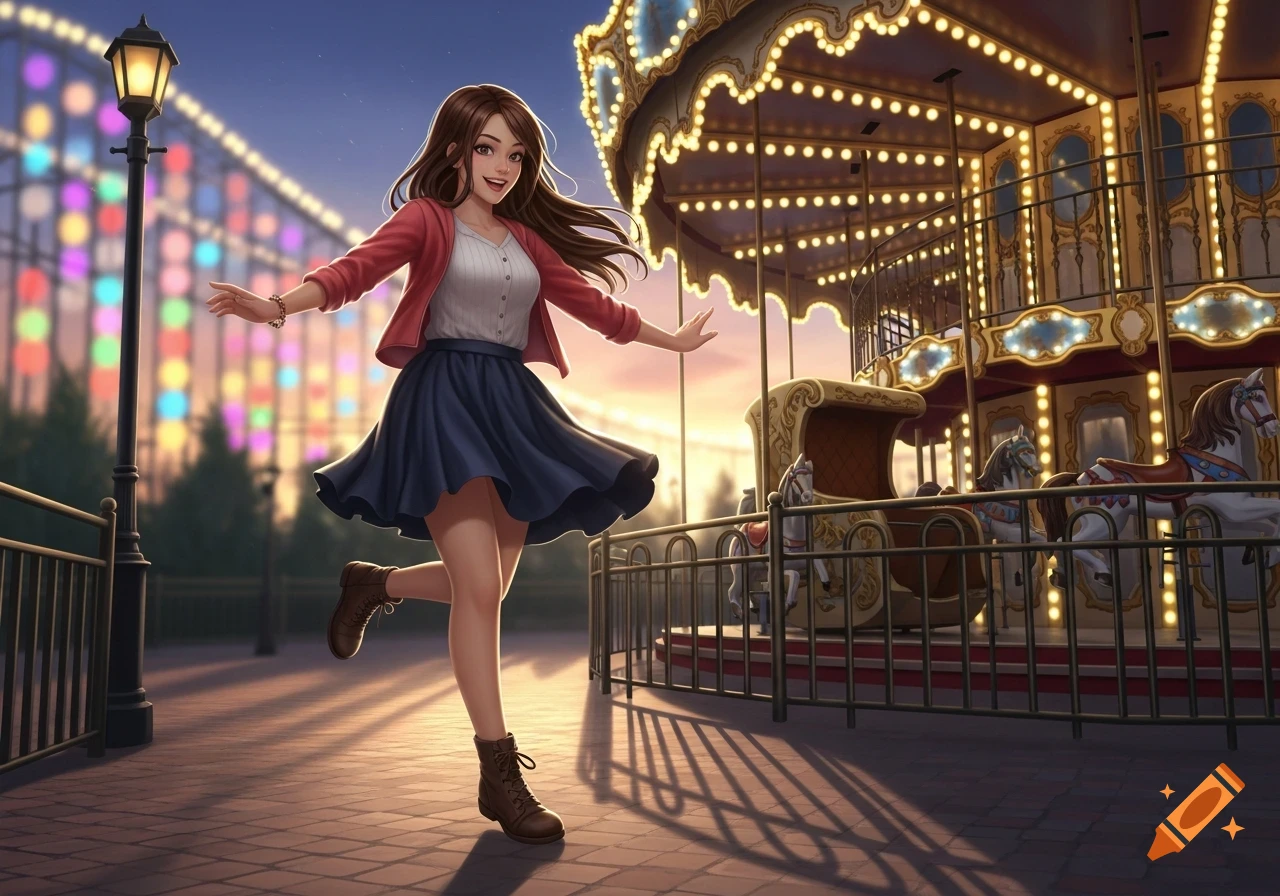 Smiling anime girl in a red cardigan and navy skirt poses happily at an amusement park with a carousel and rollercoaster at sunset.