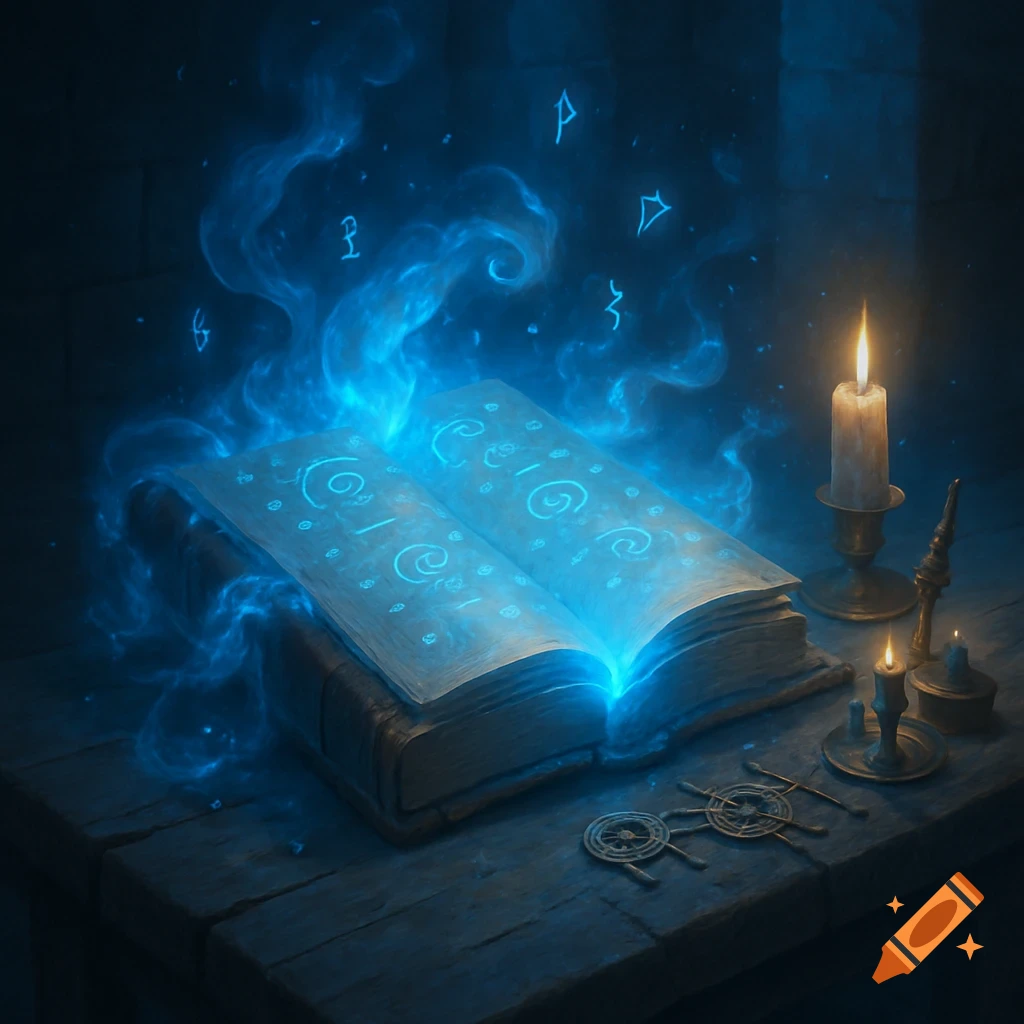 An open magical fantasy book glows with a vibrant blue aura, emitting mystical symbols and smoke, sitting on a wooden table alongside lit candles.