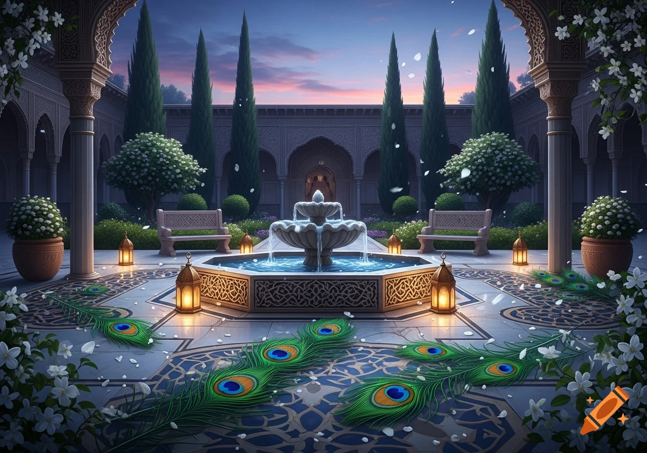 An ornate courtyard garden at dusk with a tiered fountain, lanterns, peacock feathers, and detailed Islamic architecture.