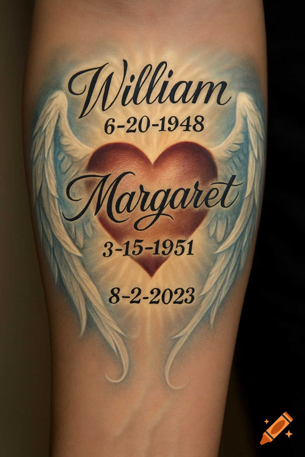 A memorial forearm tattoo features a red heart with angel wings, names William and Margaret, and dates 6-20-1948, 3-15-1951, 8-2-2023.