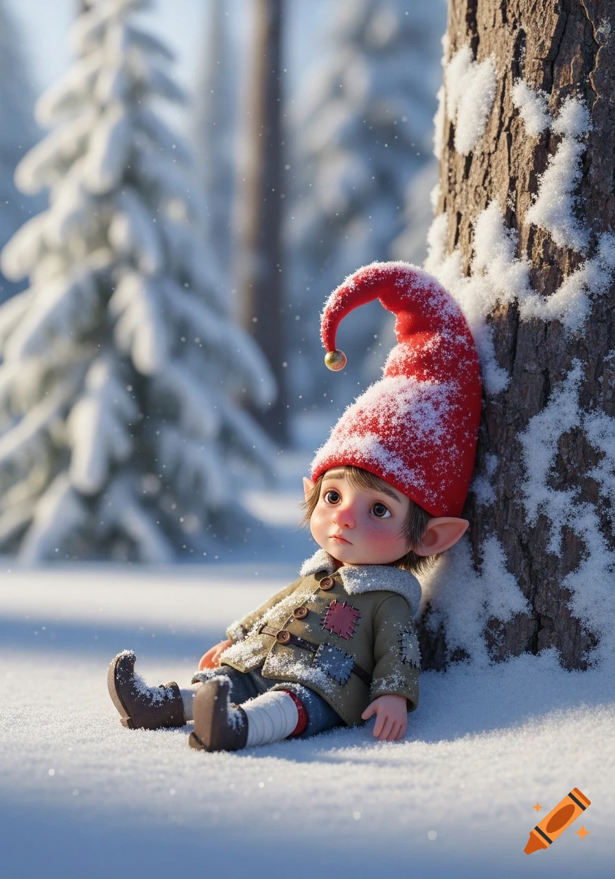 A cute, stylized elf doll with a red pointed hat and a green snowy jacket sits leaning against a snow-covered tree in a winter forest.