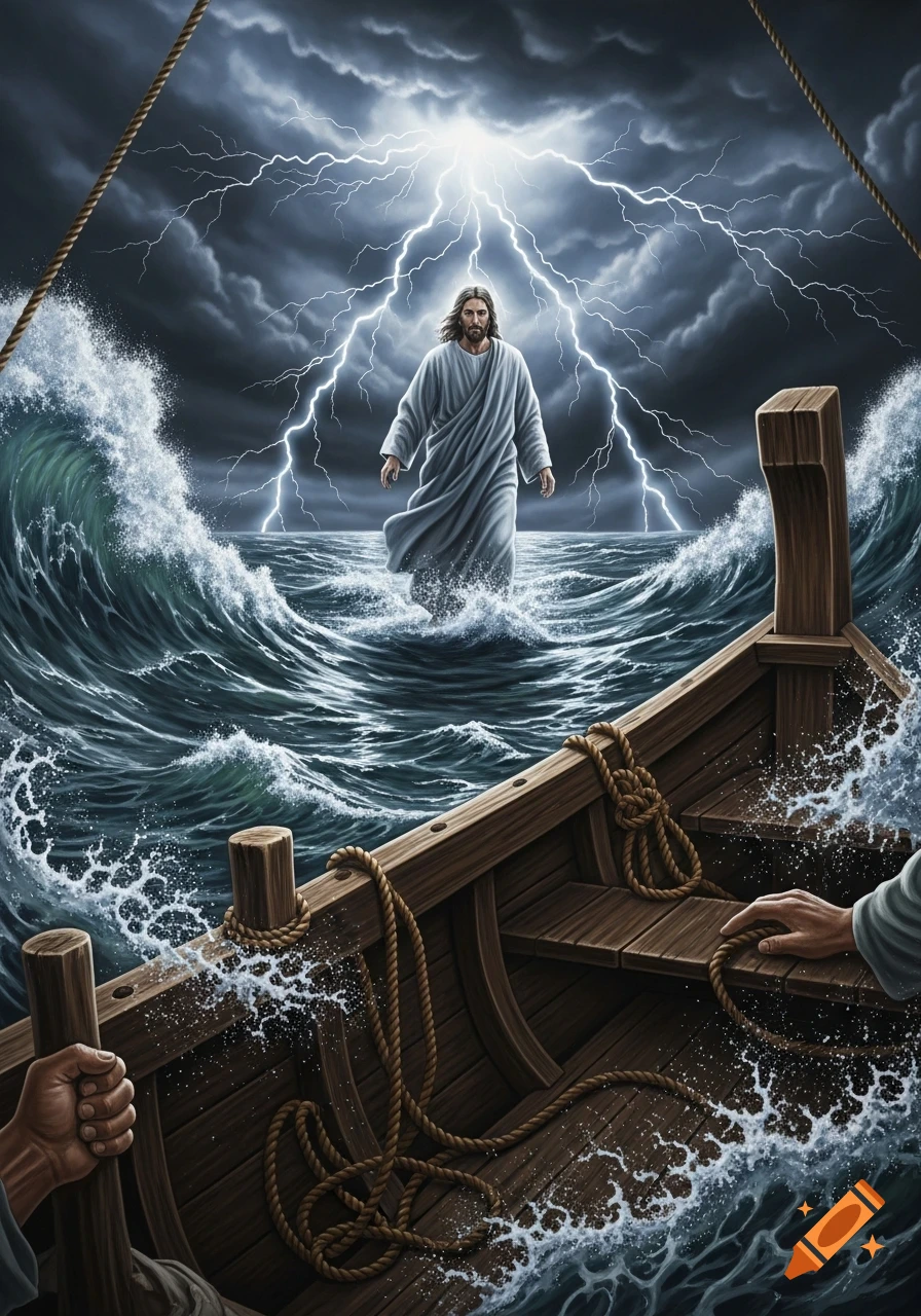 Artwork of Jesus walking on stormy seas with lightning, seen from a wooden boat in the foreground.