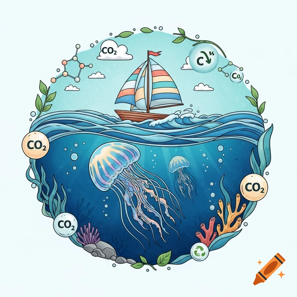 Child-friendly illustration in a circle depicting a sailboat on wavy blue water with jellyfish below, surrounded by CO2 bubbles, leaves, and a recycling symbol.
