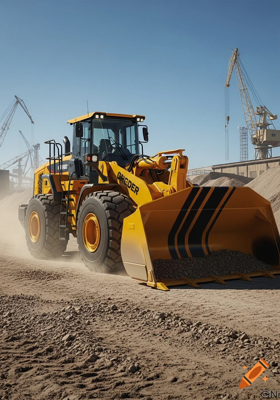 Photorealistic image of a yellow front-end loader with a full bucket of gravel, kicking up dust at a construction site with cranes.