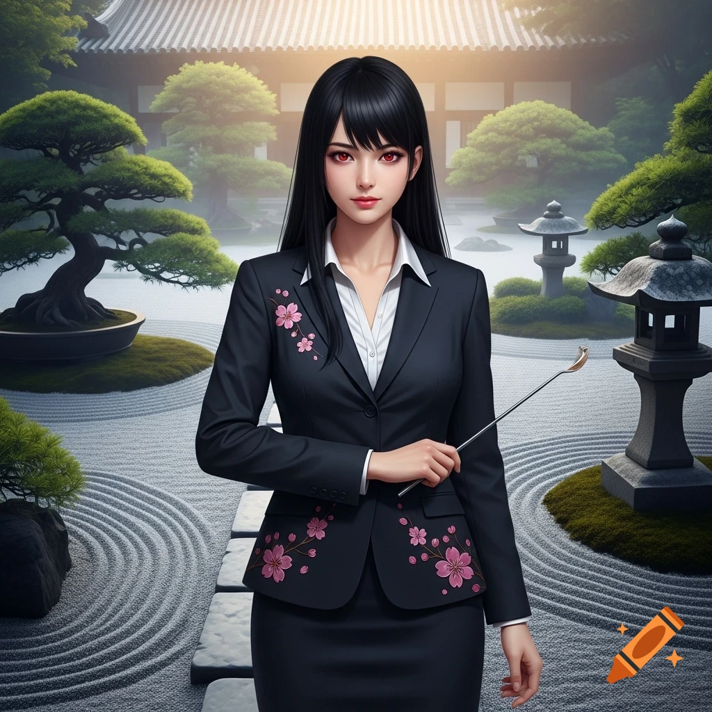 A black-haired business woman with red eyes in a black suit with cherry blossoms stands in a Japanese garden, holding a pointer.