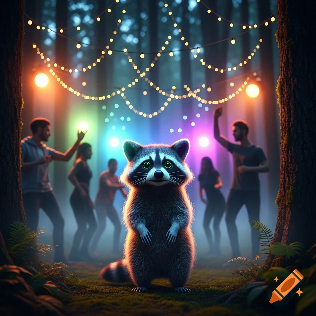 A cute, glowing raccoon stands prominently in a dark forest where blurry people dance under string lights and colorful spotlights.