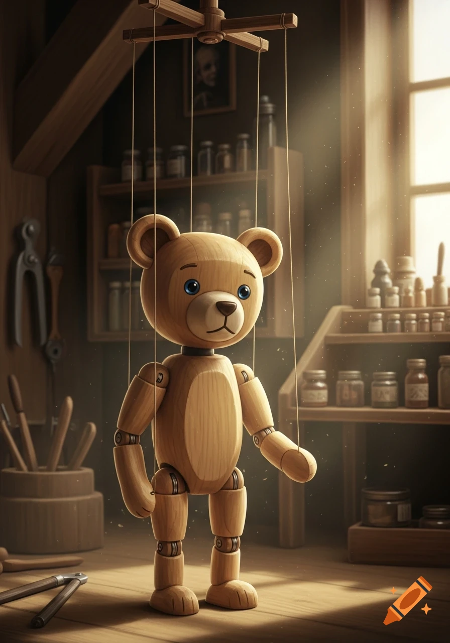 A detailed wooden teddy bear marionette stands in a sunlit workshop, surrounded by tools and shelves of jars.