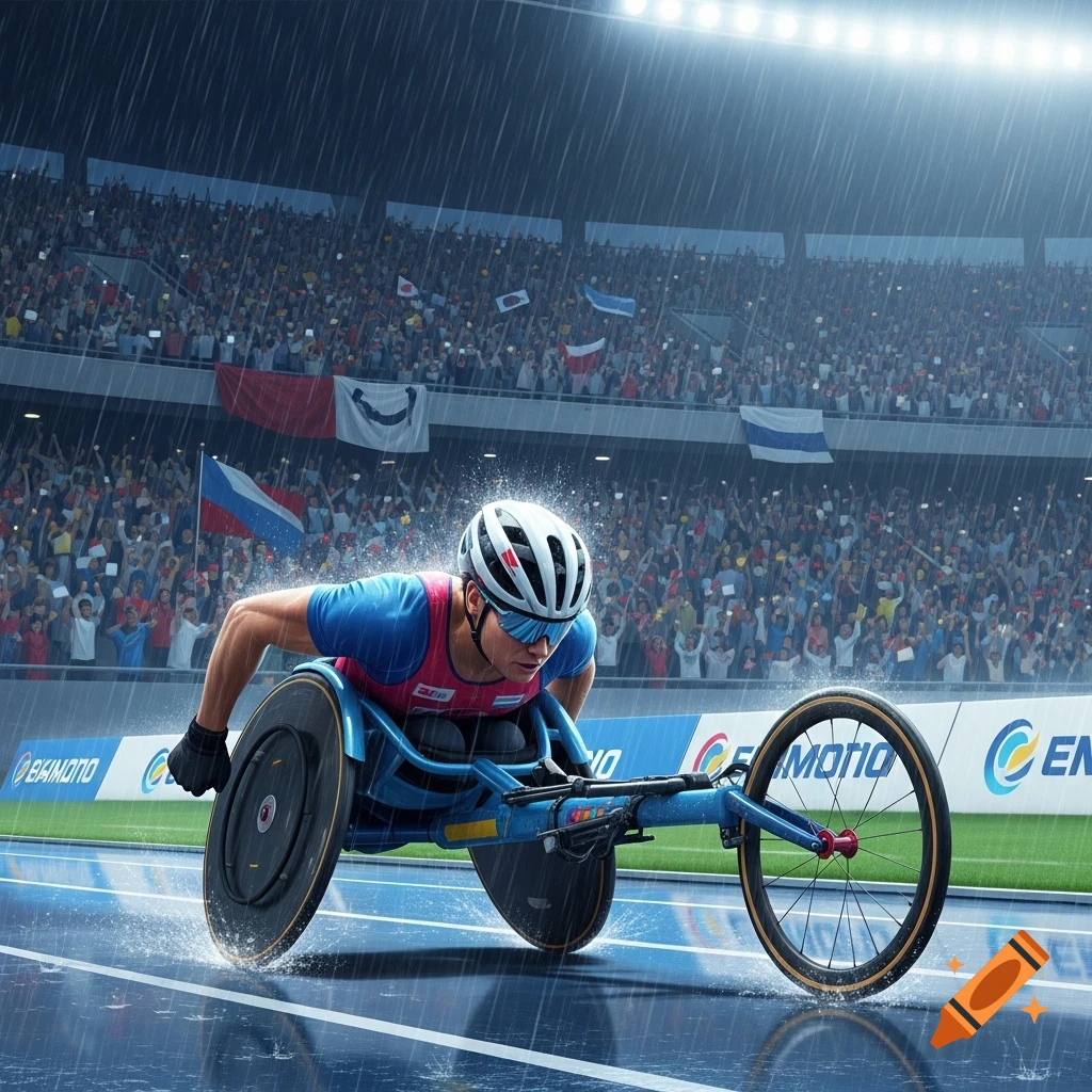 A para-athlete races a wheelchair on a wet track in a stadium during heavy rain. Spectators fill the stands in this photorealistic scene.