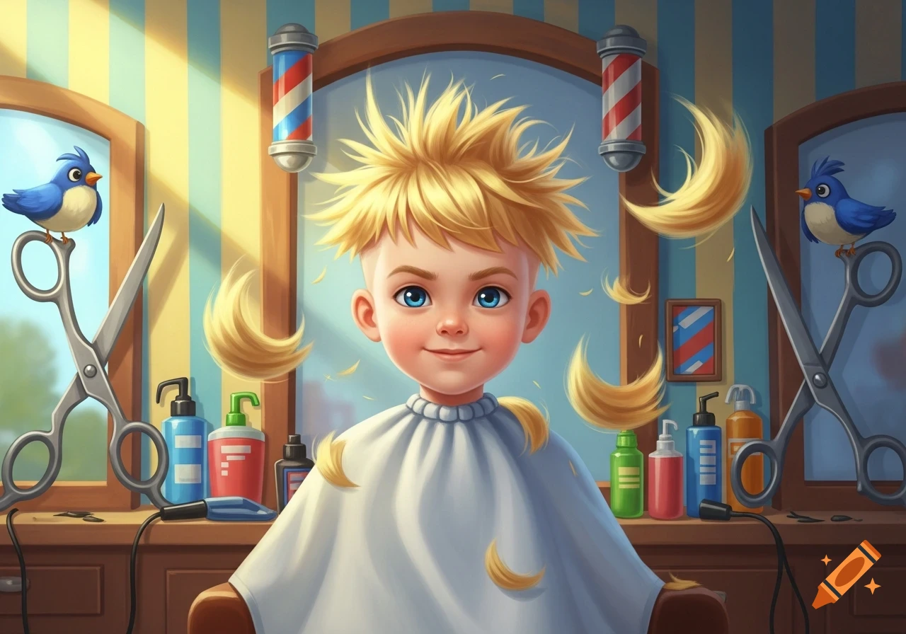 Smiling blonde boy with spiky hair in a barber's chair surrounded by scissors, bottles, and falling hair in a cheerful cartoon style.