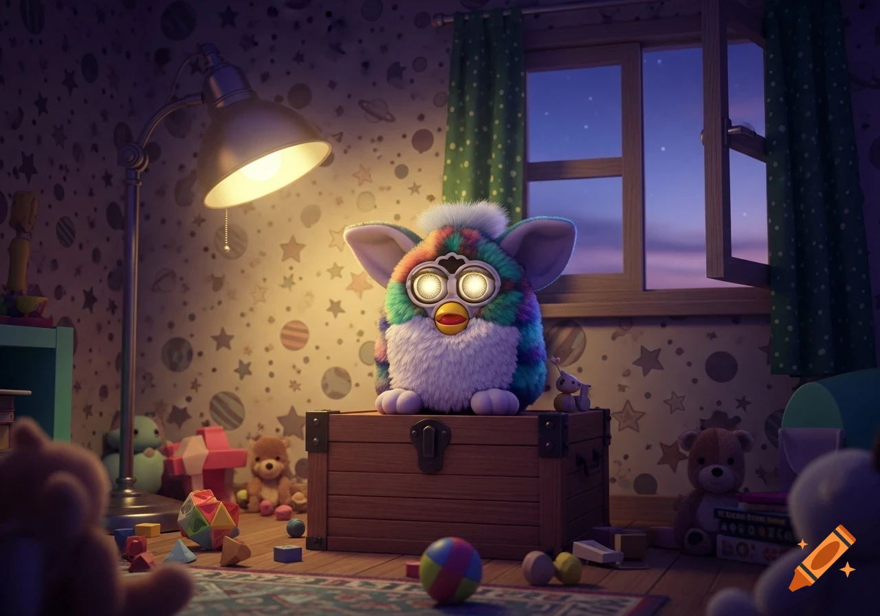 A colorful Furby toy with glowing eyes sits on a wooden chest in a child's bedroom at night, surrounded by scattered toys and a lit lamp.