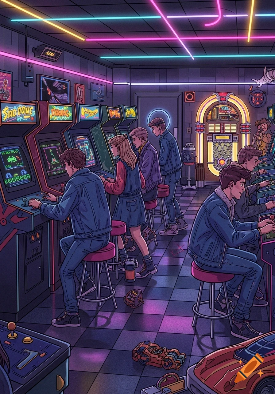 Illustration of a vibrant retro arcade with neon lights, featuring people playing various classic video games and a jukebox in the background.