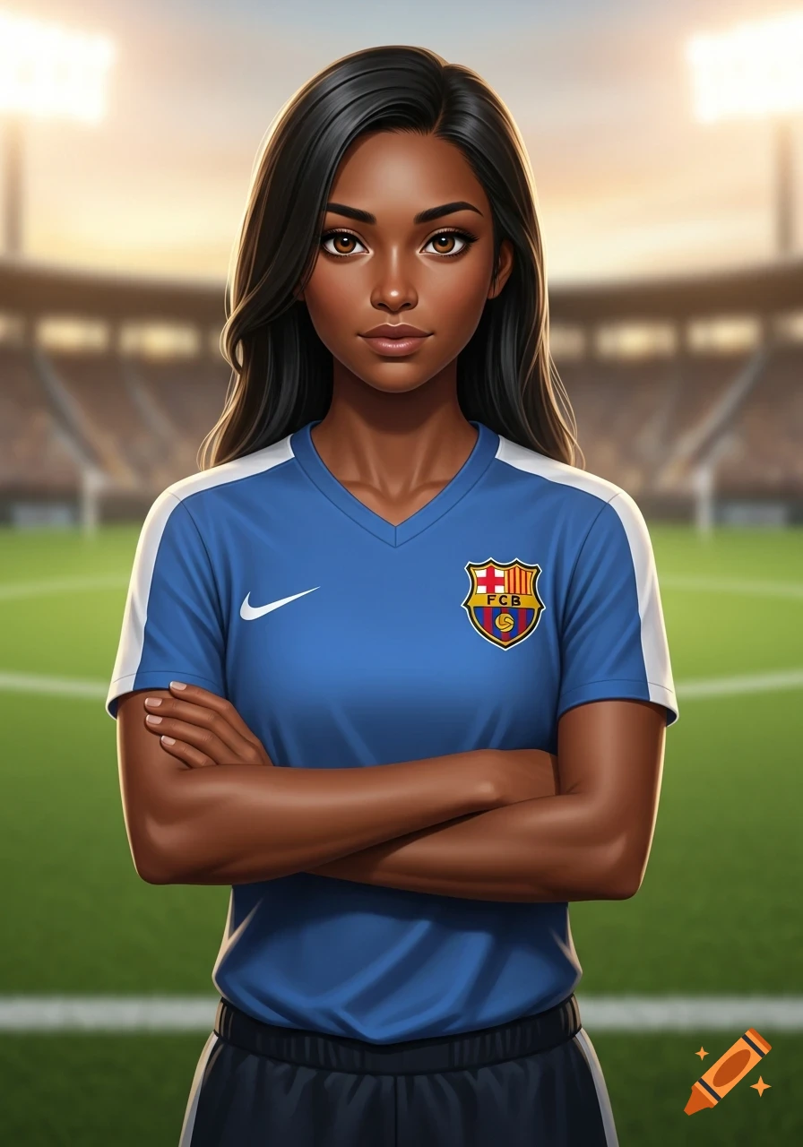 Stylized portrait of a dark-skinned woman with long black hair, wearing a blue FC Barcelona soccer jersey, standing with arms crossed on a field.