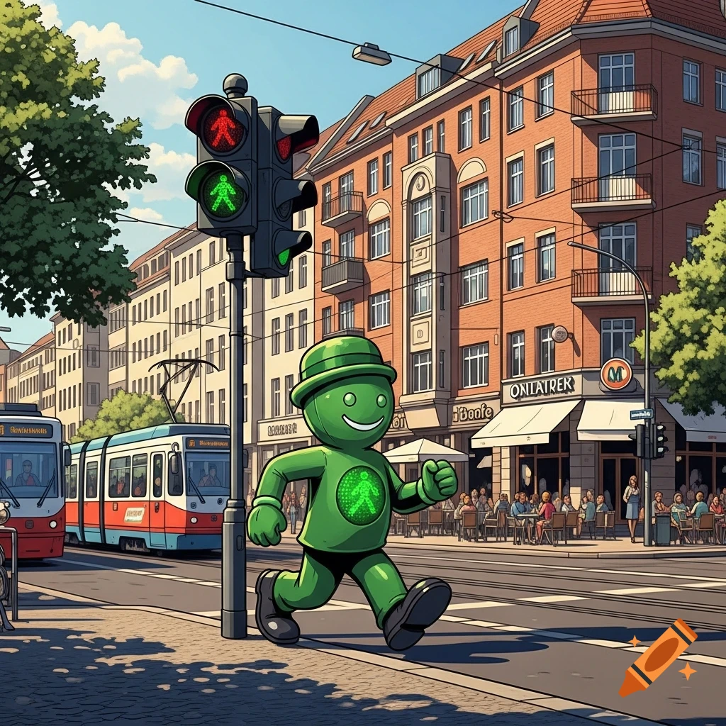 A cartoon green pedestrian light figure with a hat runs along a city street next to a tram and buildings with outdoor cafes, under a blue sky.