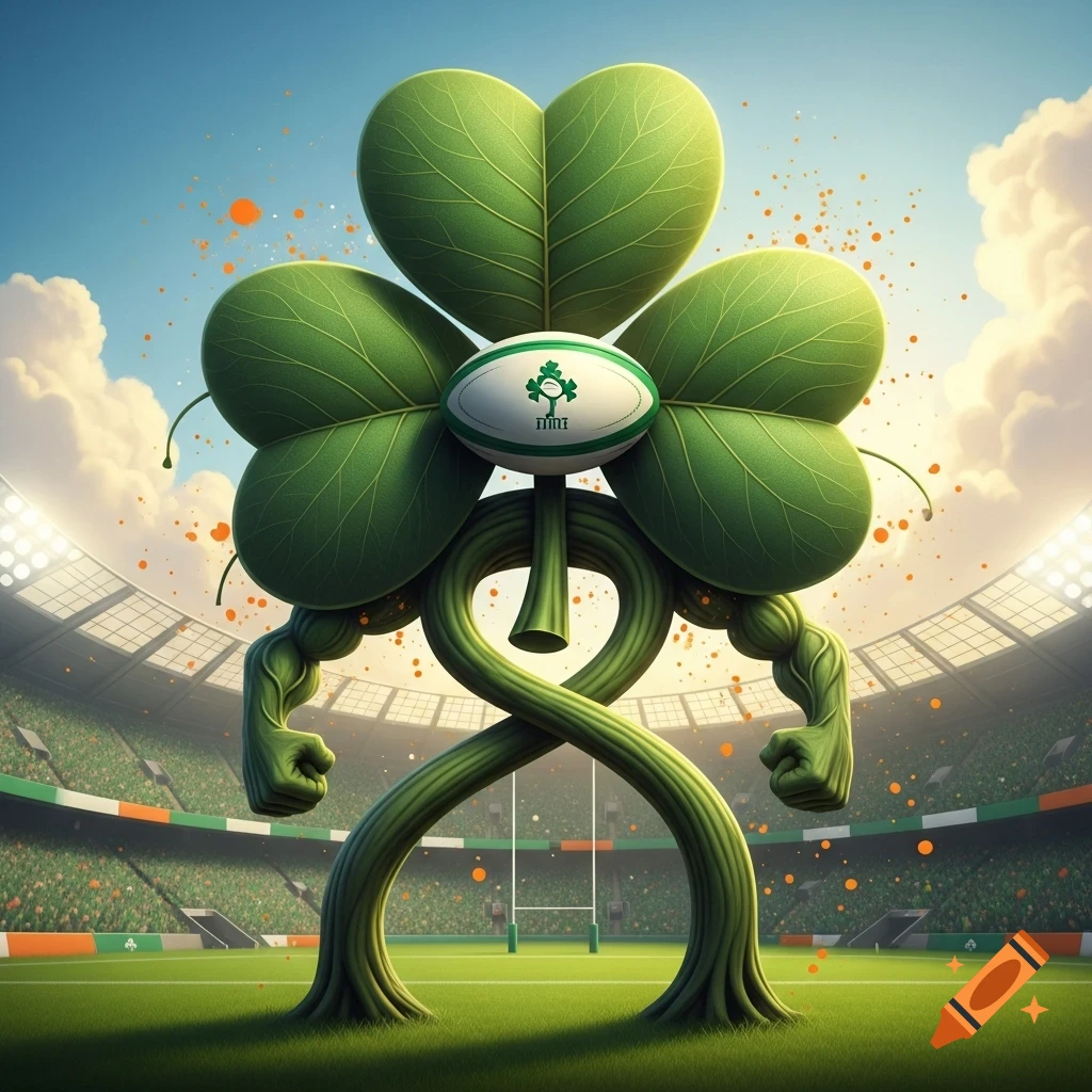 A muscular, giant shamrock mascot with a rugby ball on a field in a stadium.