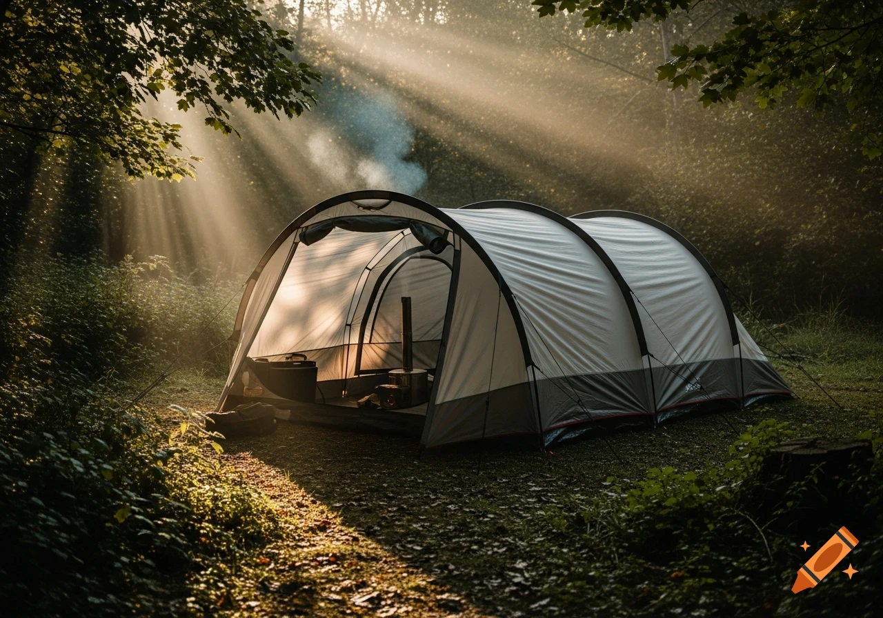 A tunnel tent with a stove jack inside, illuminated by sun rays filtering through trees in a lush forest.