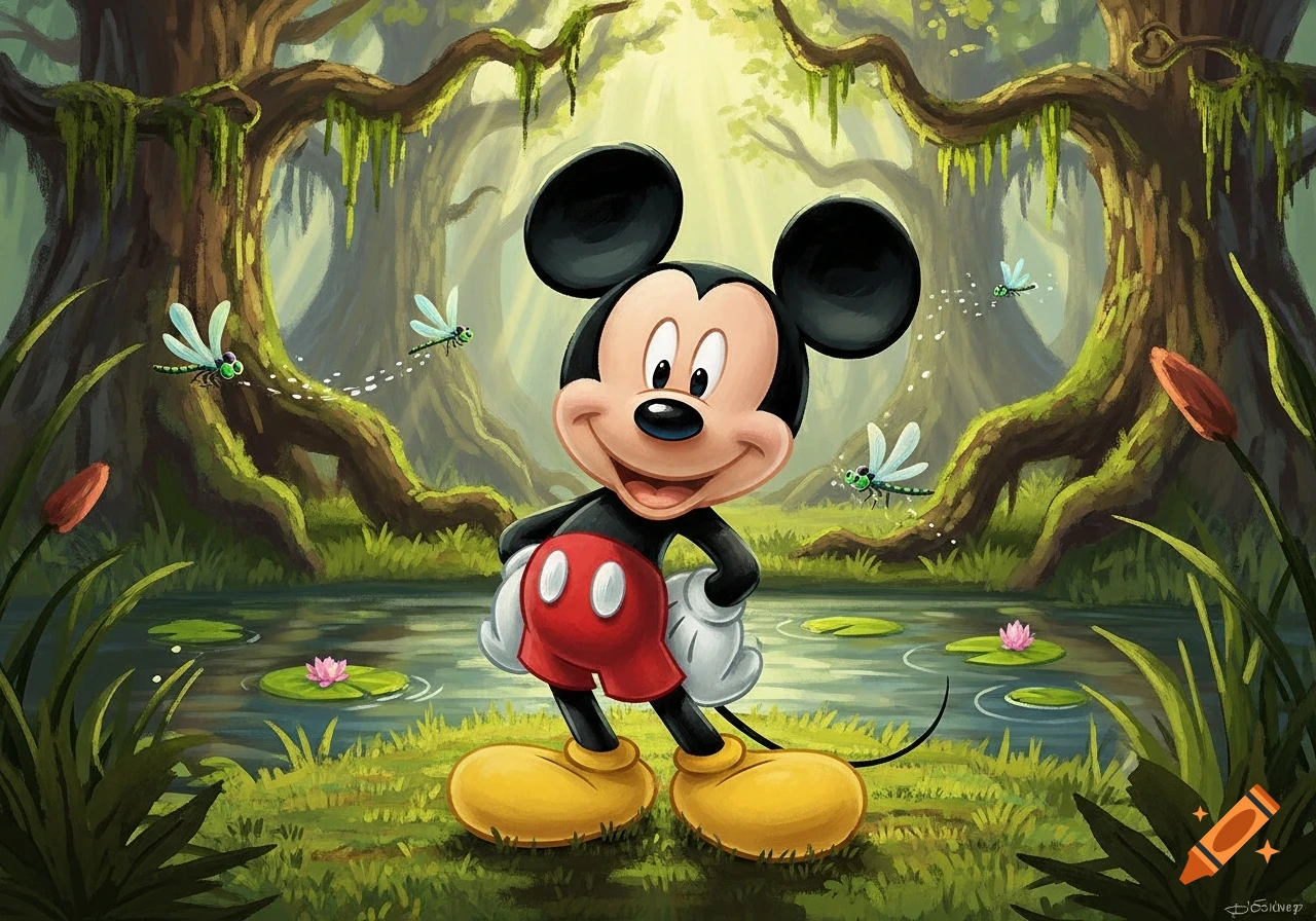 Mickey Mouse stands smiling in a lush, green swamp with dragonflies, lily pads, and trees, in a vibrant cartoon style.