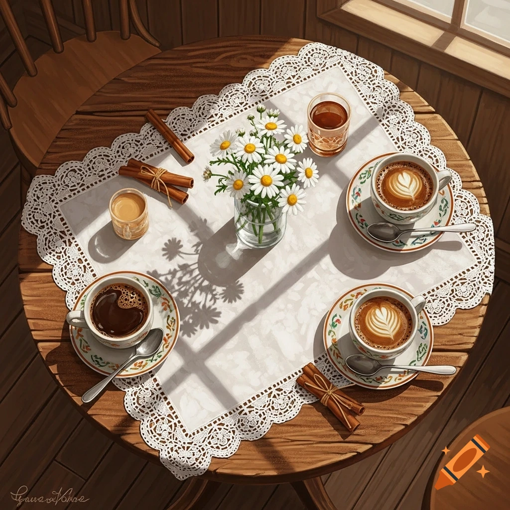 A bird's eye view of a round wooden table with three coffee cups, daisies, cinnamon sticks, and sunlight casting shadows.