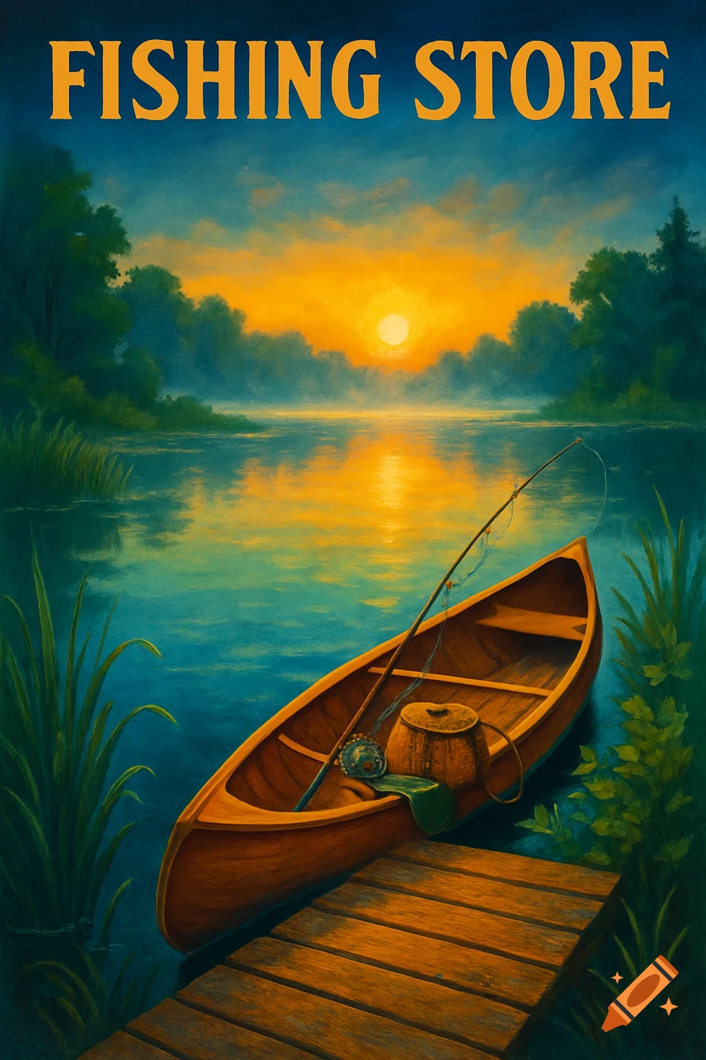 Painterly illustration of a wooden canoe with a fishing rod by a dock on a tranquil lake at sunset. Text: FISHING STORE.